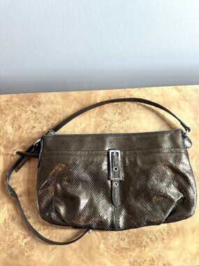 B. Makowsky Bronze Leather Shoulder Crossbody Bag Metallic Snake Textured